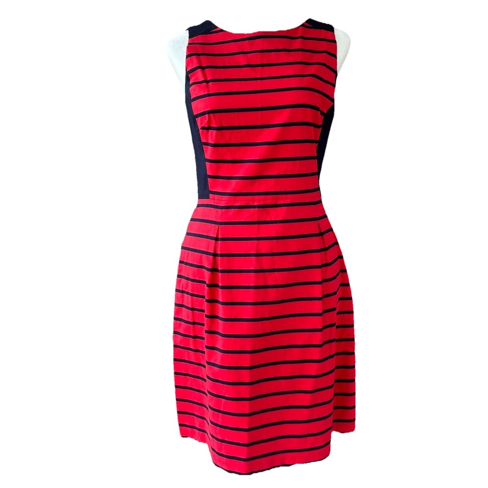 Tommy Hilfiger Dress 2 Red Navy Blue Striped Sleeveless Pleated Classic Stretch